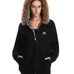 FDR Studios black high-street oversized hoodie featuring leopard print lining and fur hood.