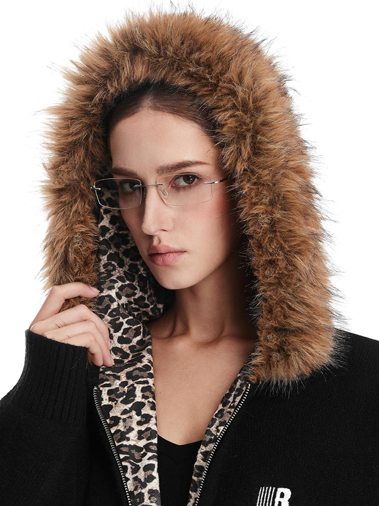 Detail of the black faux fur hood and leopard lining on FDR Studios luxury hoodie.