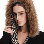Detail of the black faux fur hood and leopard lining on FDR Studios luxury hoodie.