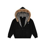 Industrial minimalist black oversized hoodie with premium fur trim and leopard pattern.