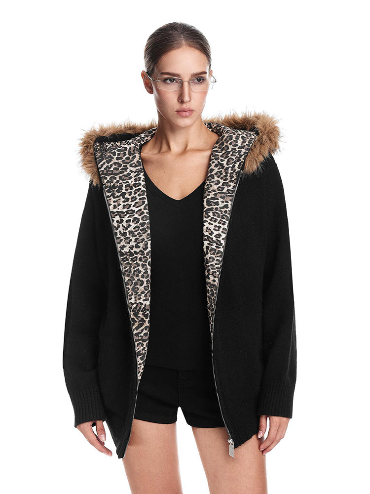 Urban high-street black knit hoodie with Y2K leopard accents and relaxed fit.
