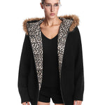 Urban high-street black knit hoodie with Y2K leopard accents and relaxed fit.