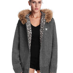 High-street fashion dark grey hooded knitwear with leopard print inner layer.
