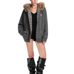 FDR charcoal grey oversized zip hoodie, urban streetwear aesthetic with chunky boots.