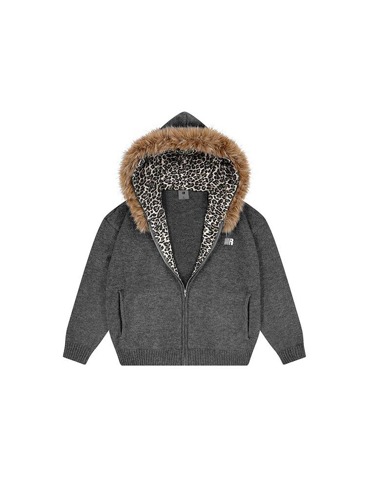 Premium dark grey high-street hoodie with luxury fur collar and leopard interior.