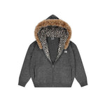 Premium dark grey high-street hoodie with luxury fur collar and leopard interior.