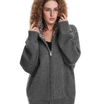Industrial minimalist dark grey zip-up jacket with Cyber Y2K fur trim hood.