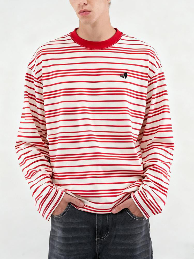 Front view of HypeCord red and white horizontal striped long-sleeve T-shirt with a red ribbed collar.