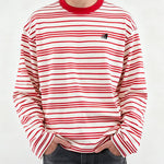 Front view of HypeCord red and white horizontal striped long-sleeve T-shirt with a red ribbed collar.