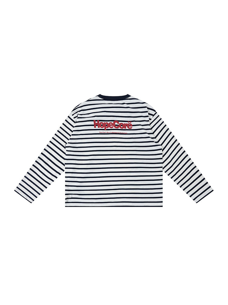 Flat lay product photography of FDR Studios black and white striped crewneck sweatshirt with red branding, back view.