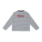 Flat lay product photography of FDR Studios black and white striped crewneck sweatshirt with red branding, back view.