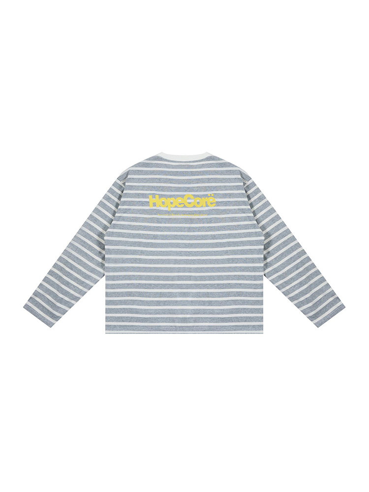 Flat lay display of HypeCord light blue striped long-sleeve top with yellow logo detail.
