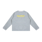Flat lay display of HypeCord light blue striped long-sleeve top with yellow logo detail.