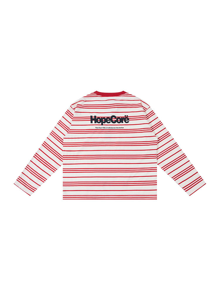 Flat lay product image of HypeCord red and white striped long-sleeve crewneck.