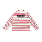 Flat lay product image of HypeCord red and white striped long-sleeve crewneck.