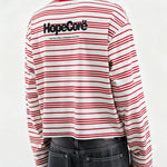 Back view of HypeCord red and white striped sweatshirt featuring navy blue branding.