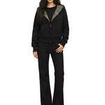 Complete black Y2K lounge set featuring cropped hoodie and wide-leg sweatpants.
