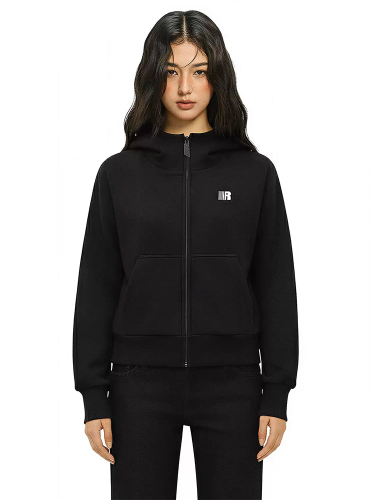 High-neck black fleece zip-up sweatshirt with minimalist streetwear branding.