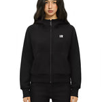 High-neck black fleece zip-up sweatshirt with minimalist streetwear branding.