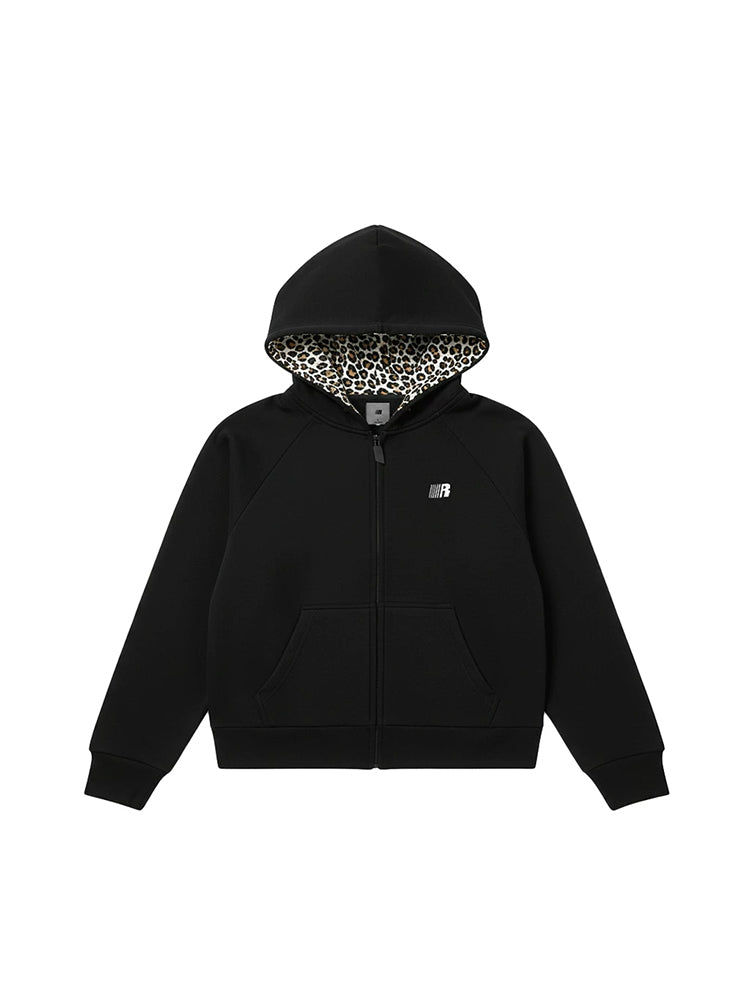 Studio product flat lay of FDR black hoodie with oversized leopard-lined hood.