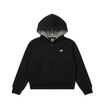 Studio product flat lay of FDR black hoodie with oversized leopard-lined hood.