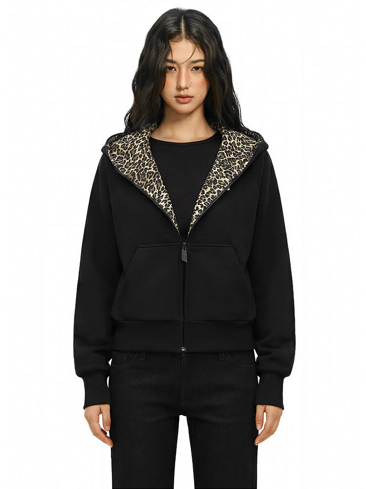 FDR black cropped hoodie with leopard print faux fur lining front view.