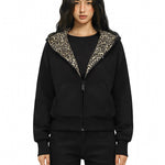 FDR black cropped hoodie with leopard print faux fur lining front view.