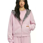 Pink high-neck fleece zip-up with contrasting leopard print hood interior.