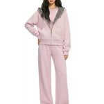 Street style pink leopard-lined sweatshirt set for women's high-street fashion.
