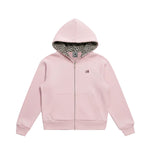 Studio flat lay of FDR pink heavyweight hoodie with leopard lining.