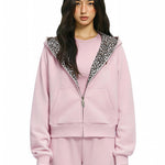 FDR baby pink cropped hoodie with leopard faux fur lining detail.