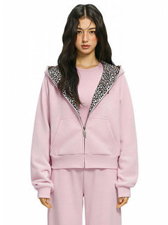 Front view of model wearing Leopard Fleece Cropped Hoodie in Pink - FDR