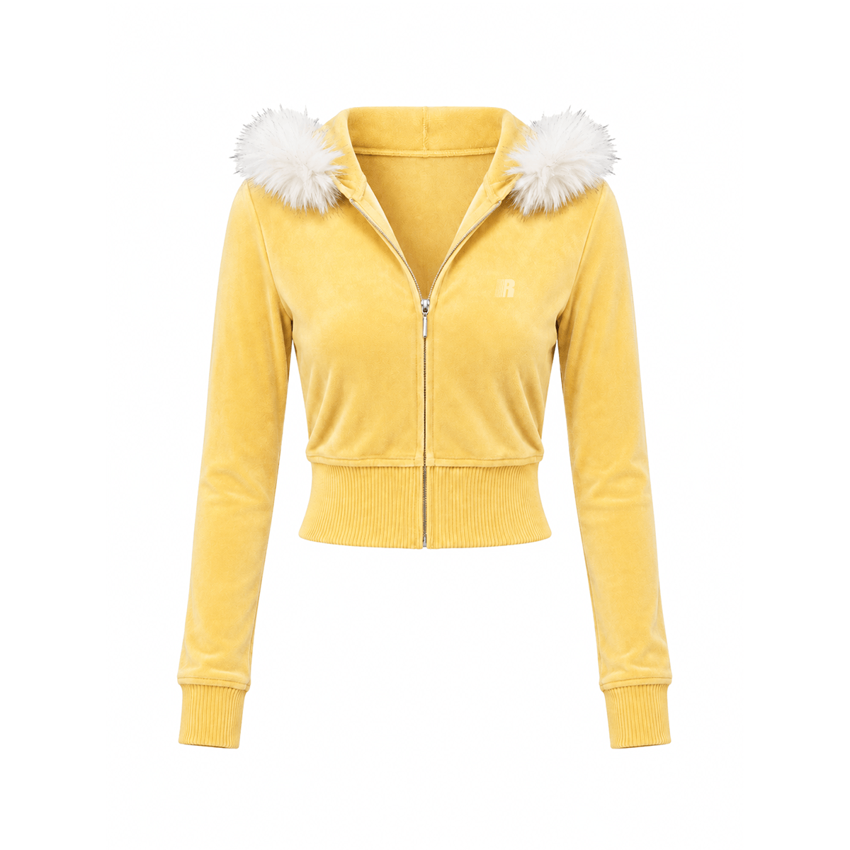 Yellow Y2K plush zip hoodie with white faux fur collar isolated on white background