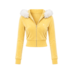 Yellow Y2K plush zip hoodie with white faux fur collar isolated on white background