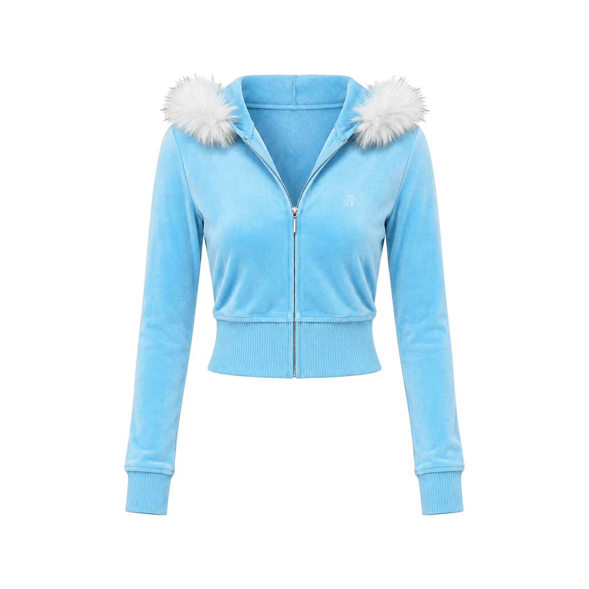 Light blue Y2K plush zip hoodie with white faux fur collar on white background