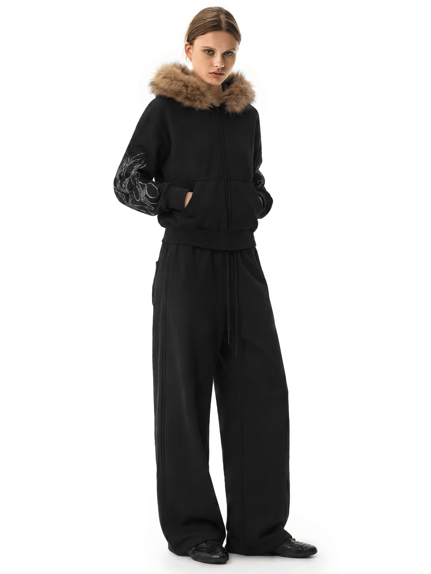 Glitz Script Fur Hoodie - Side Angle & Silhouette Detail - Streetwear Aesthetic | FDR Studios