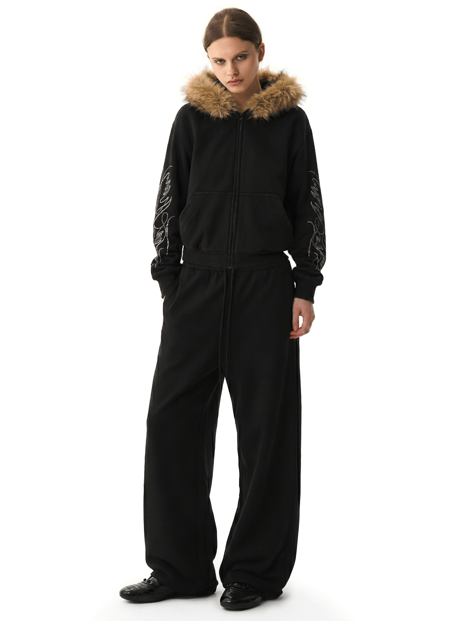 Glitz Script Fur Hoodie - Fabric Texture & Stitching Detail - Streetwear Aesthetic | FDR Studios