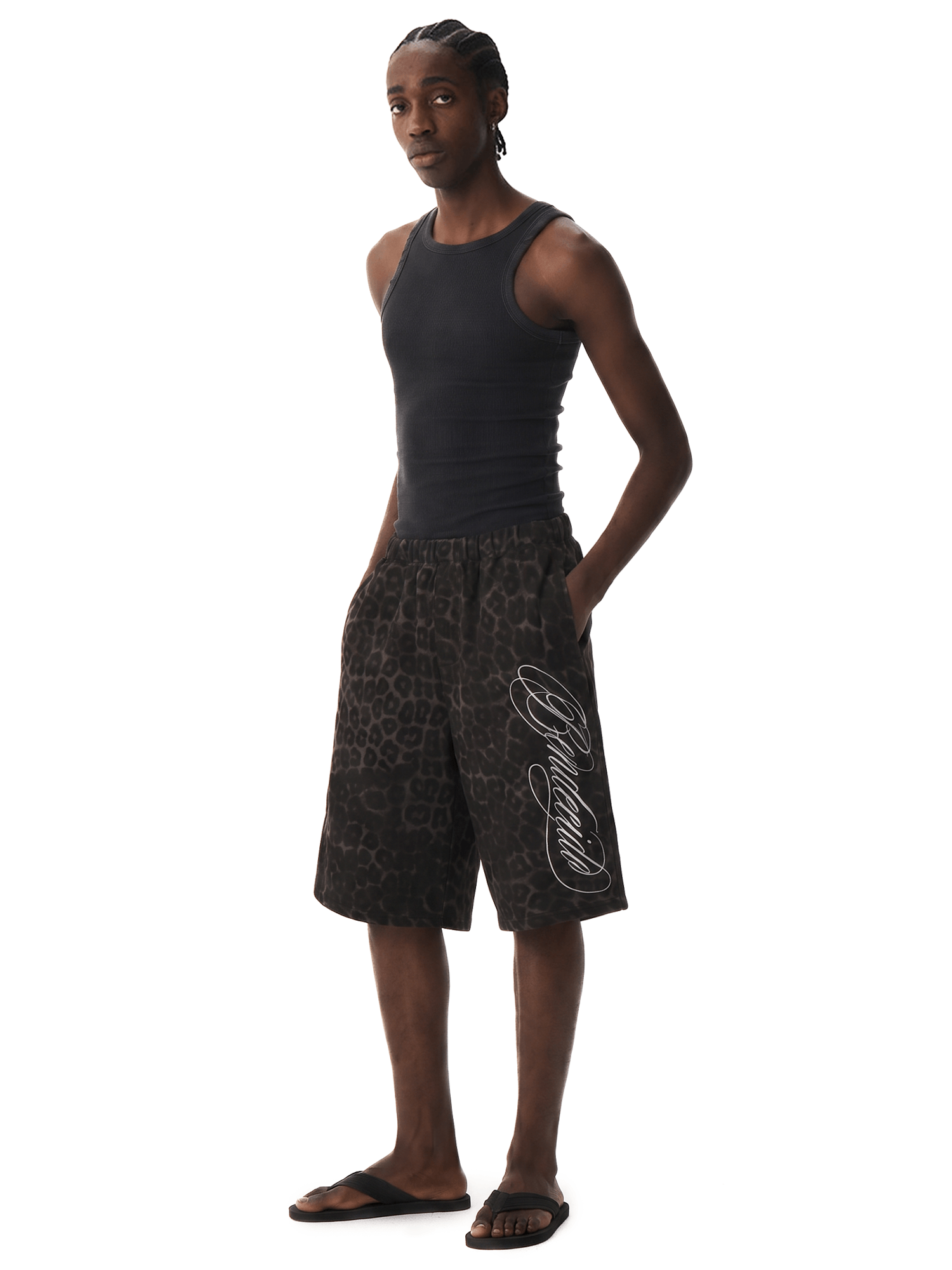 Alternative angle view of Gothic Leopard Longline Shorts in Dark Gray - FDR