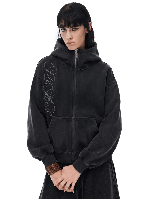 Washed Embroidery Zip Hoodie - Fabric Texture & Stitching Detail - Streetwear Aesthetic | FDR Studios