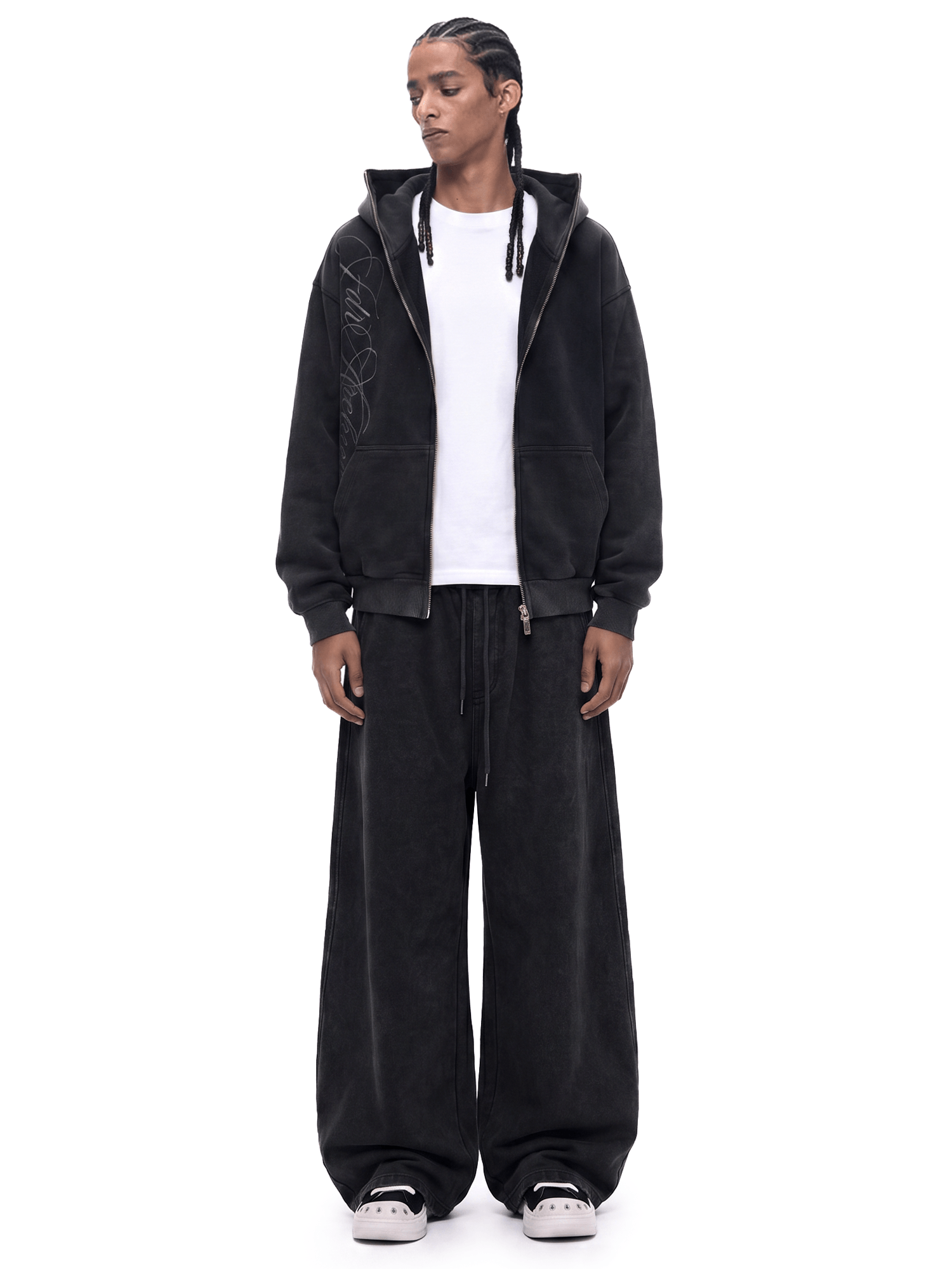Washed Embroidery Zip Hoodie - Style Perspective Shot 6 - Streetwear Aesthetic | FDR Studios