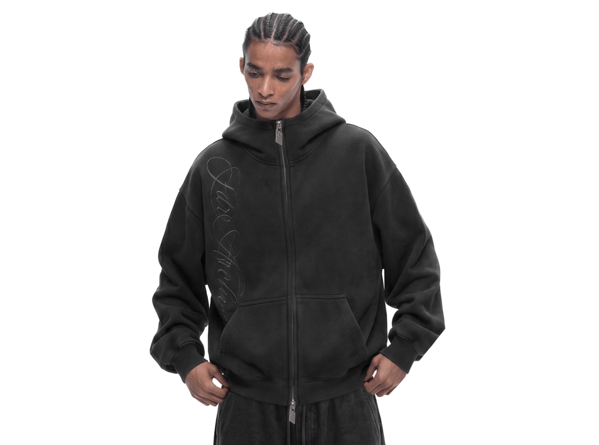 Washed Embroidery Zip Hoodie - Close-up Material & Design Feature - Streetwear Aesthetic | FDR Studios
