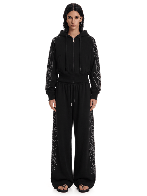 Rhinestone Zip Hoodie,Baggy Sweatpants - Side Angle & Silhouette Detail - Oversized Baggy Fit | FDR Studios