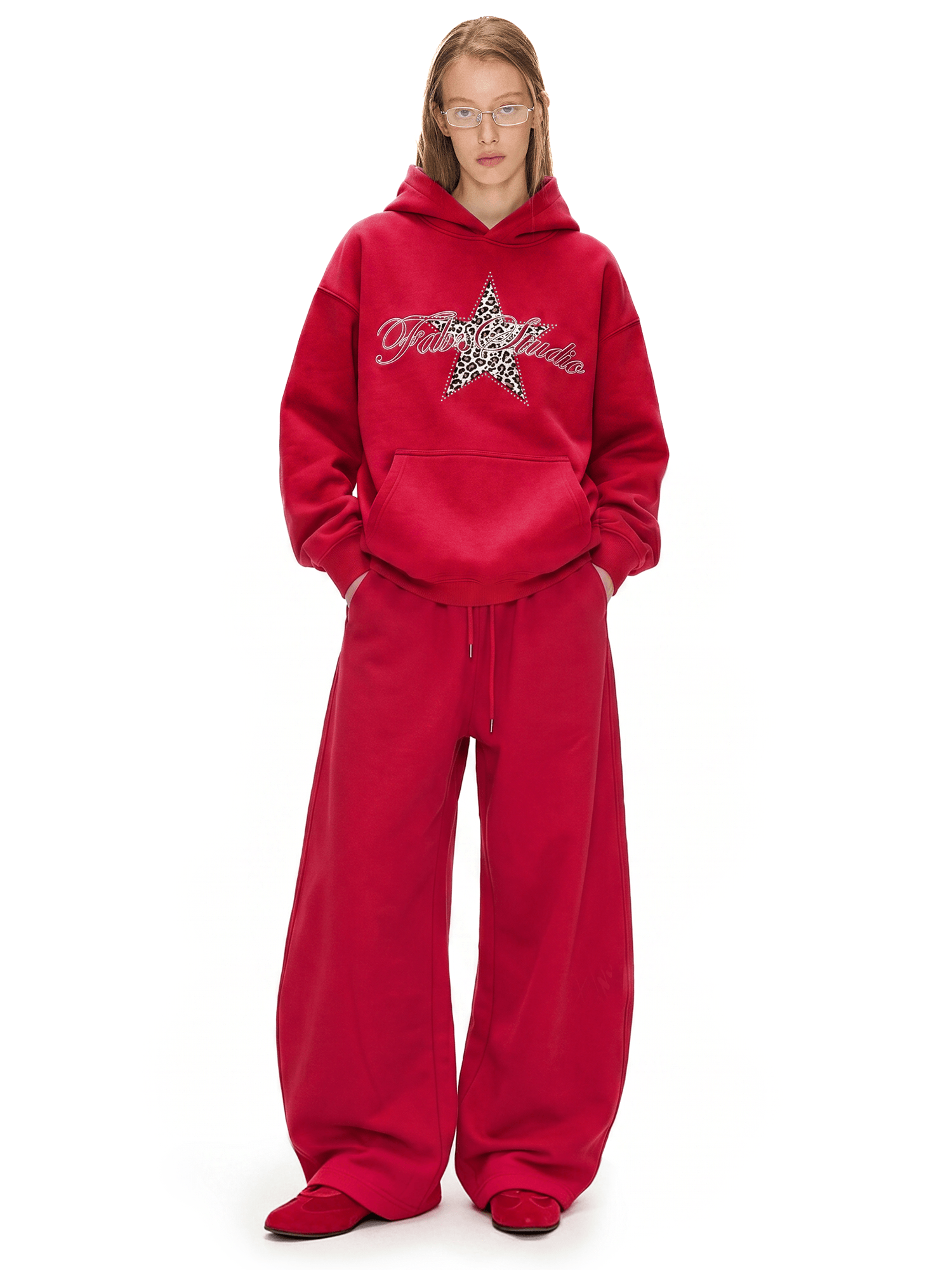Alternative angle view of Gothic Rhinestone Star Hoodie in Red - FDR