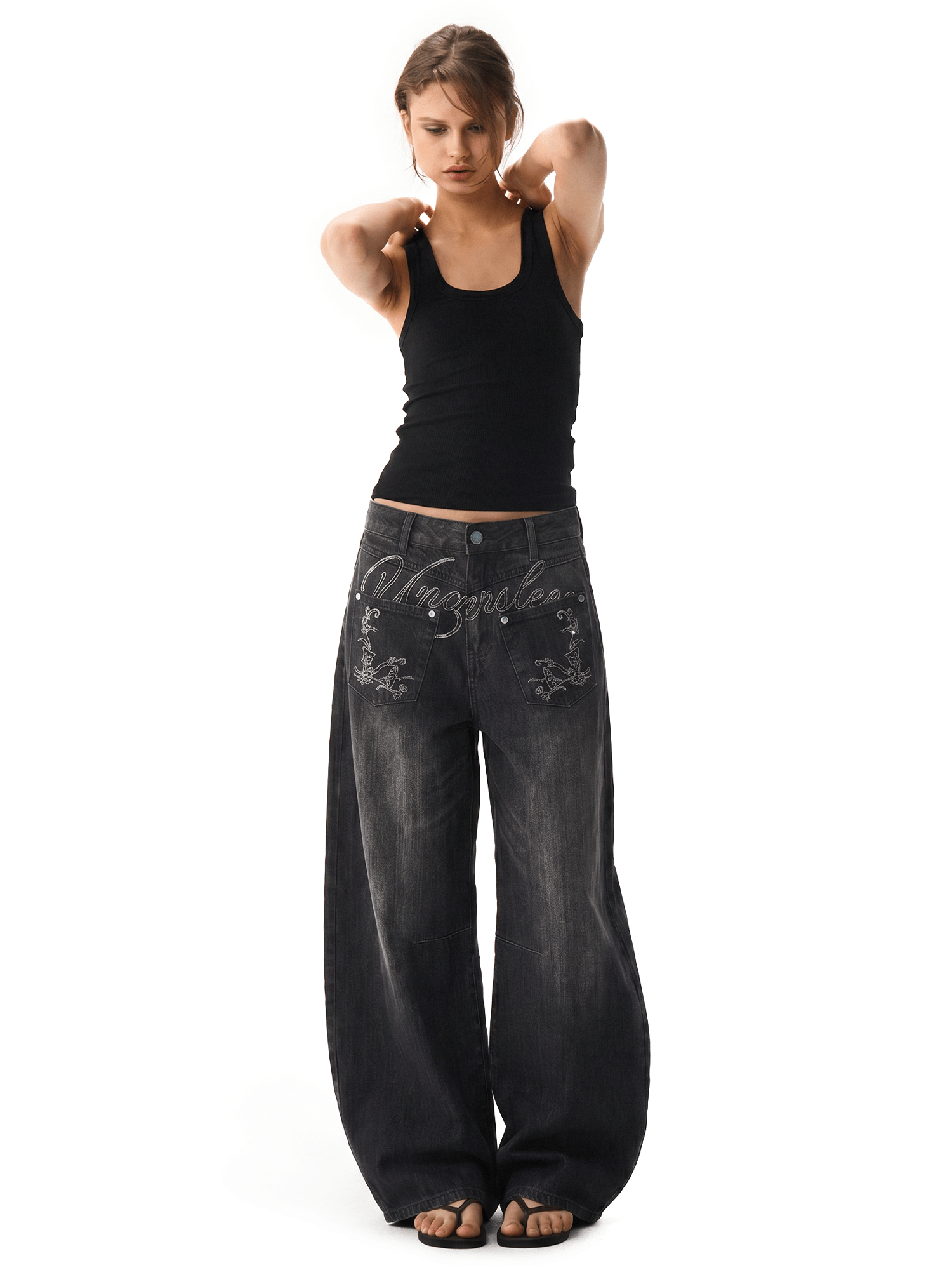 Turquoise Embroidered Denim - Fabric Texture & Stitching Detail - Oversized Baggy Fit | FDR Studios