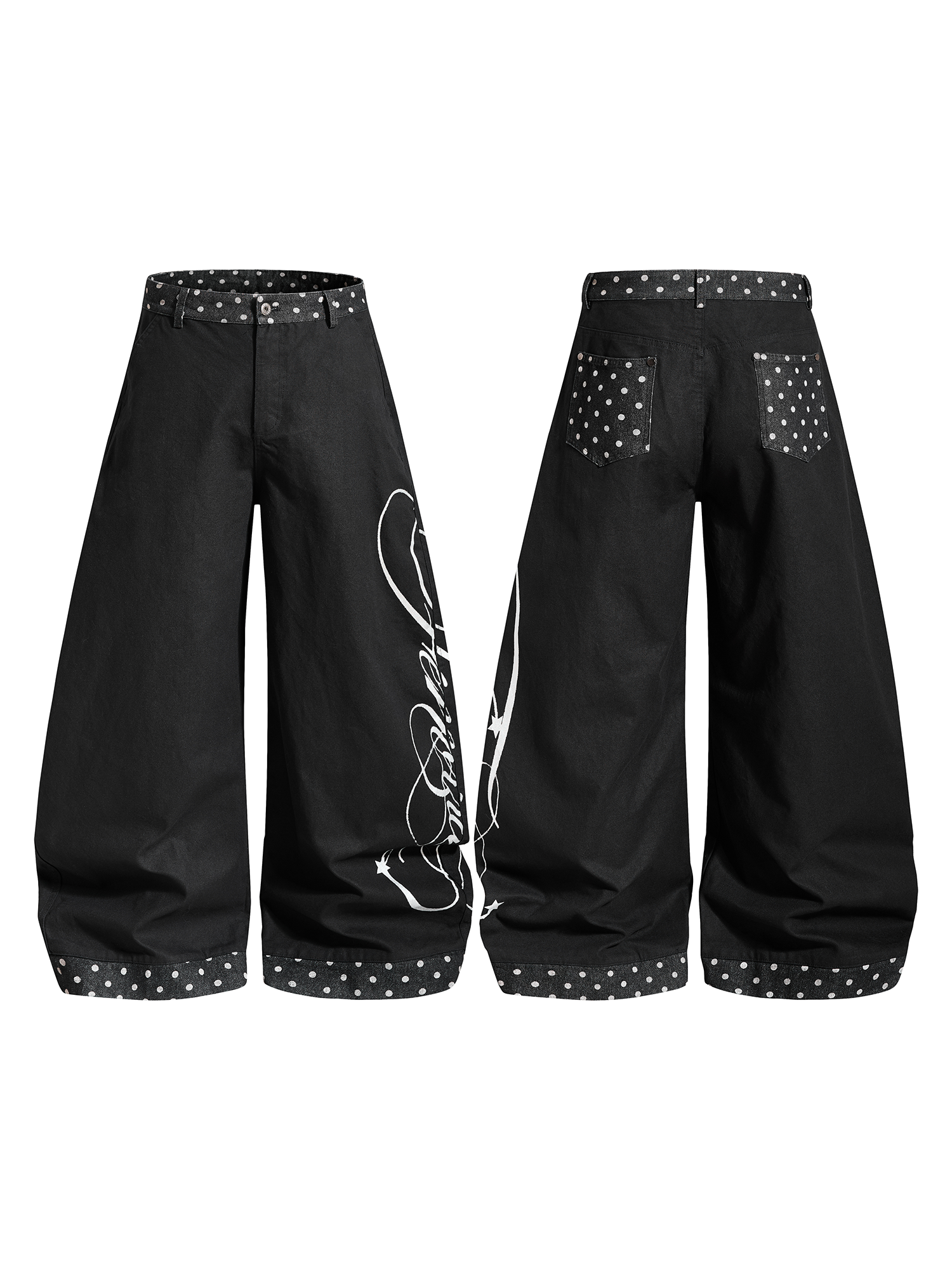 Product flat lay showing the front and back of black oversized wide-leg trousers with star and script embroidery.