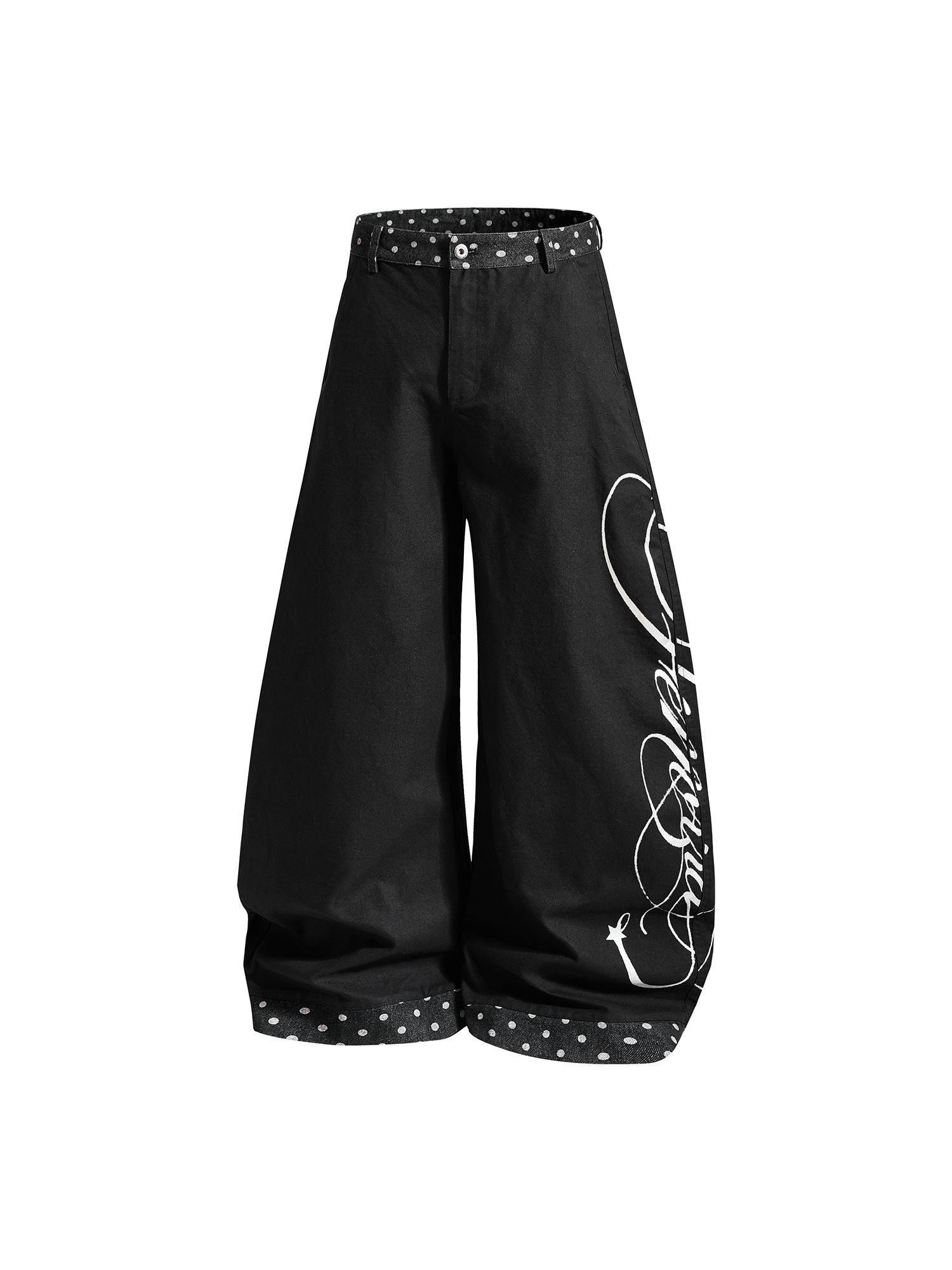 Front view of black ultra-wide-leg streetwear trousers featuring a baggy fit and oversized silhouette.