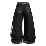 Back view of black baggy cargo-style pants showing the wide leg opening and clean pocket design.