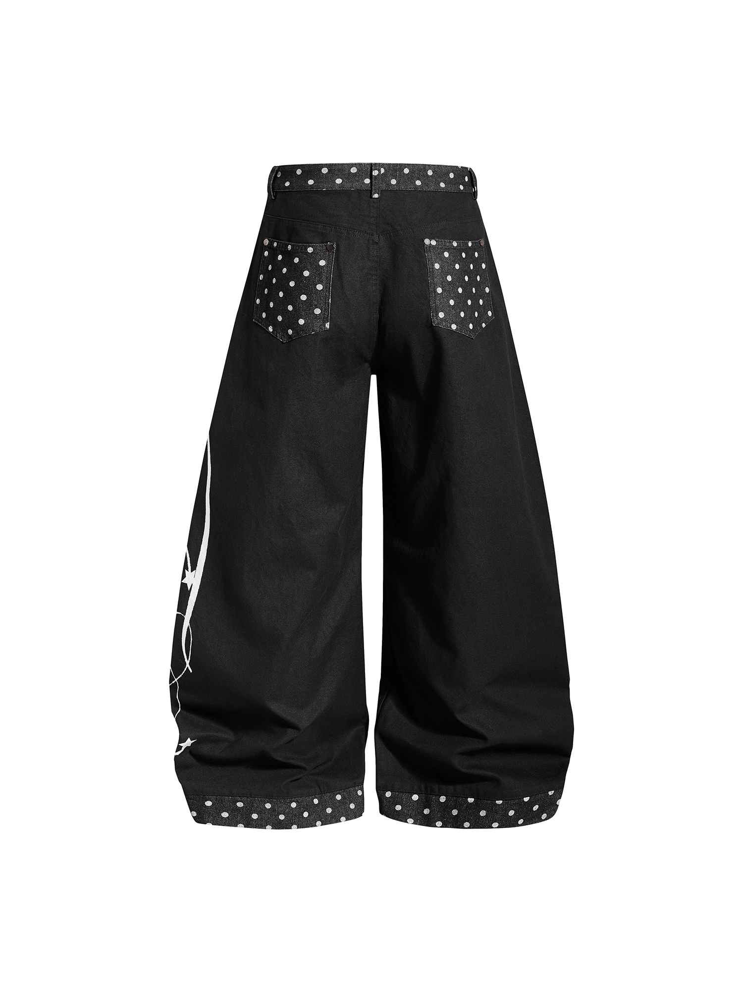 Back view of black baggy cargo-style pants showing the wide leg opening and clean pocket design.