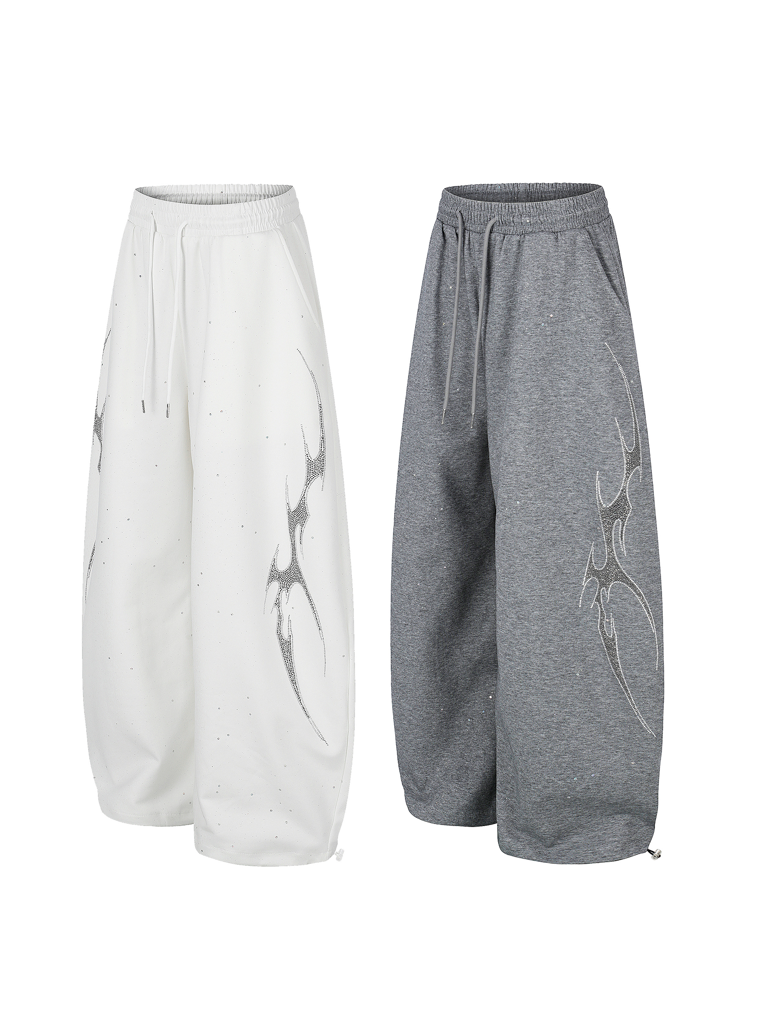 Gothic Rhinestone Baggy Sweatpants - Side Angle & Silhouette Detail - Gothic Aesthetic | Oversized Baggy Fit | FDR Studios