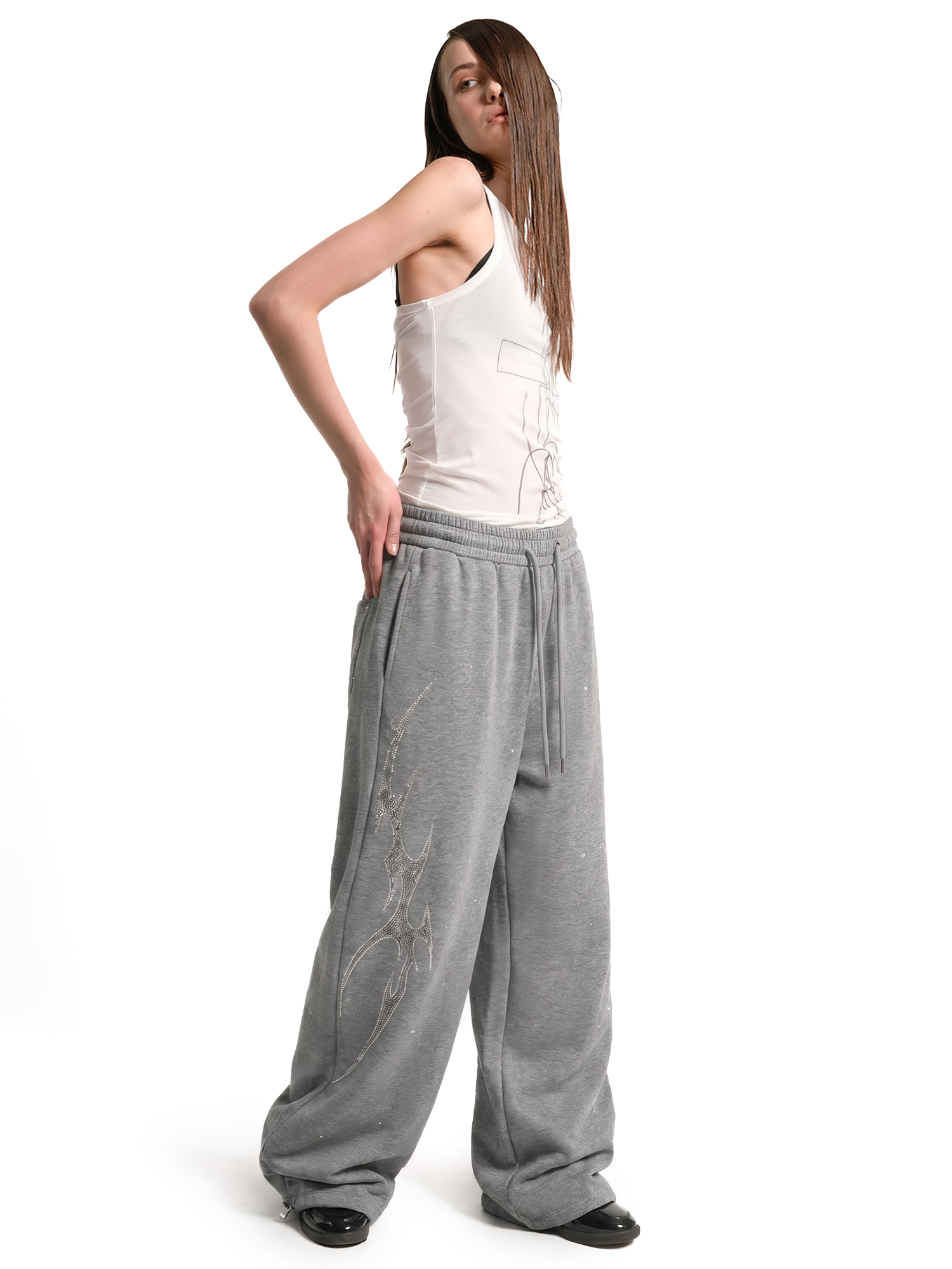 Alternative angle view of Gothic Rhinestone Baggy Sweatpants in Gray - FDR